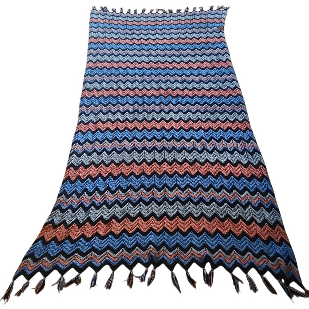 Vintage Handmade Chevron Crochet Blanket Blue Pink 1970s‎ Afghan 95" X 50" Throw